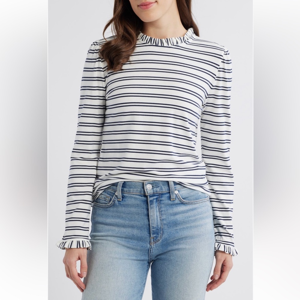 Caslon Striped Top sz M cotton blouse long sleeves